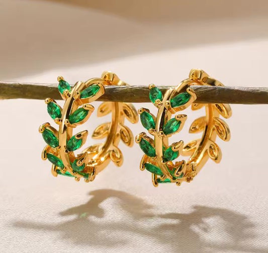 Vintage Leaf Hoop Gold Earrings