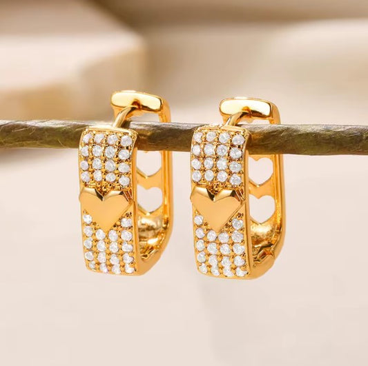 Classic White Zircon Heart Gold Earrings