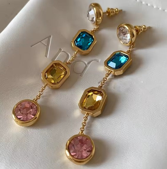 Retro Multicolored Crystal Long Dangle Earrings