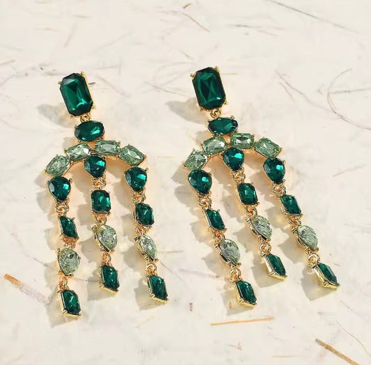 Vintage Green Long Tassel Crystal Earrings