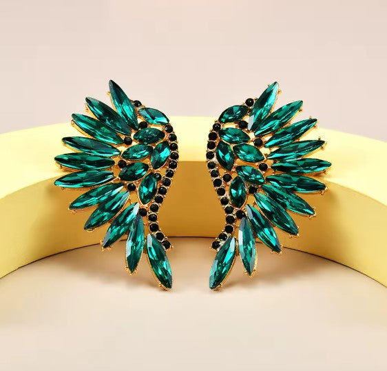 Vintage Green Crystal Stone Wings Earrings