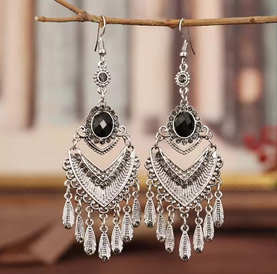 Vintage Black Rhinestone Bohemian Earrings
