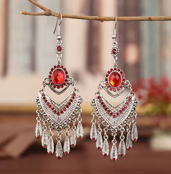 Vintage Red Rhinestone Bohemian Earrings