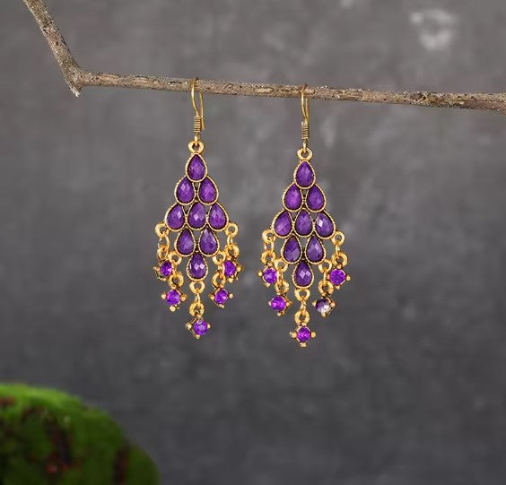 Bohemian Purple Beaded Tassel Earrings