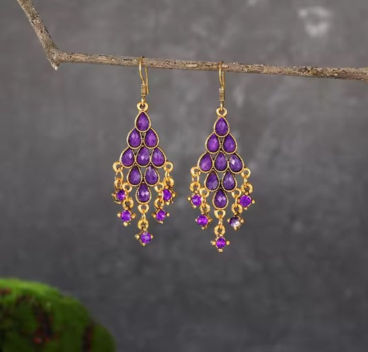 Bohemian Purple Beaded Tassel Earrings