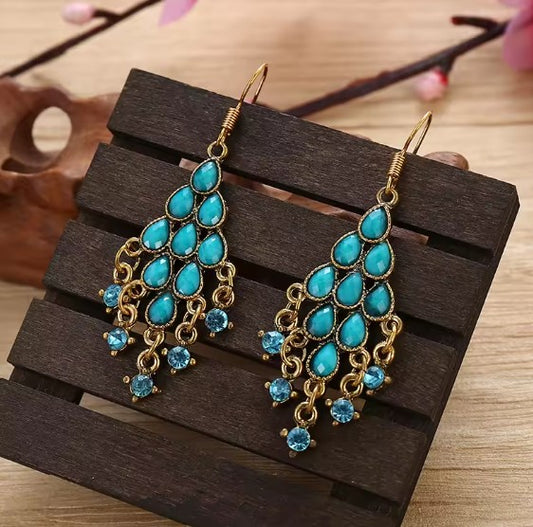Bohemian Light Blue Beaded Tassel Earrings