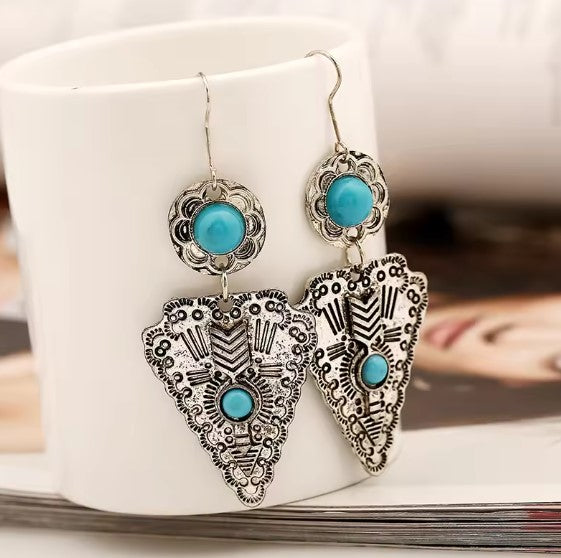 Vintage Carved Sword Blue Beaded Earrings