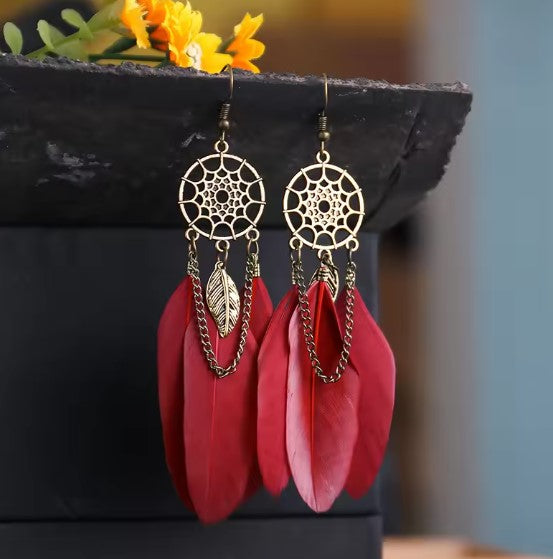 Bohemian Leaf Chain Red Dangle Earrings
