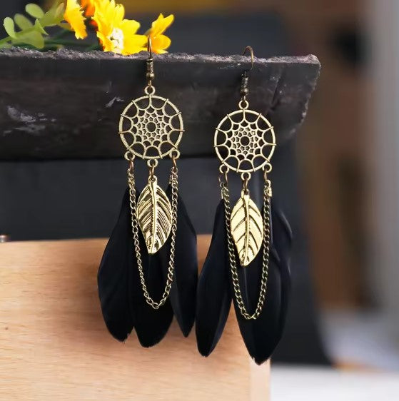 Bohemian Leaf Chain Black Dangle Earrings