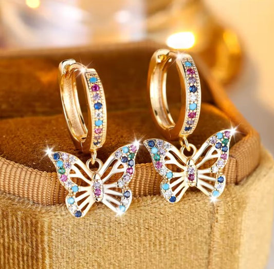 Colorful Butterfly Round Zircon Hoop Gold Earrings