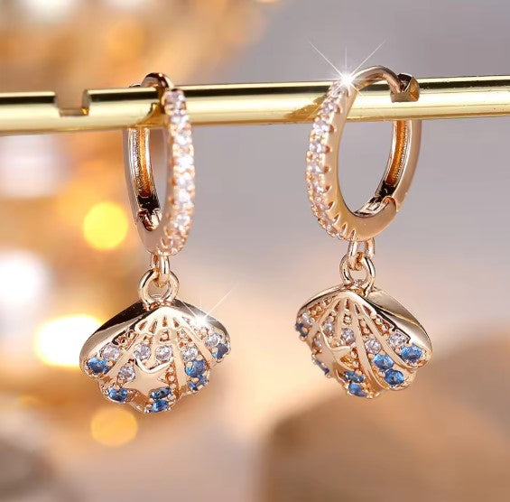 Classic Blue Crystal Scallop White Zircon Earrings