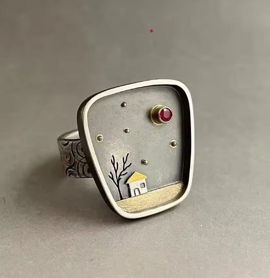 Vintage House Tree Sky Inlay Stone Ring