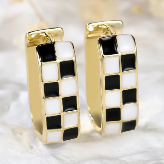 Vintage Black and White Checkered Hoop Gold Earrings