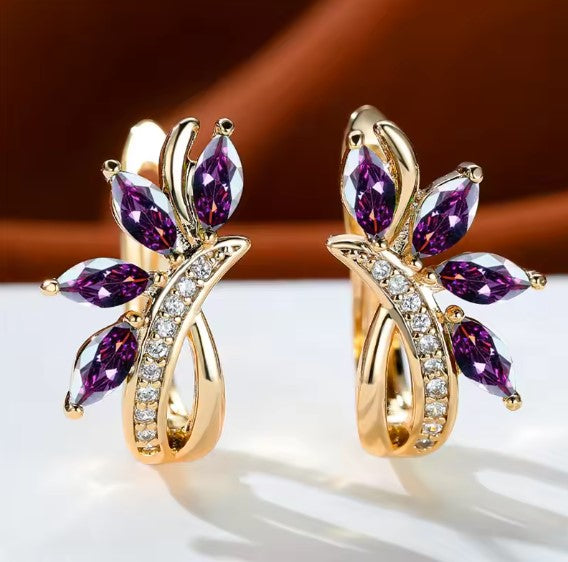 Luxury Purple Leaf Flower Clip Earrings