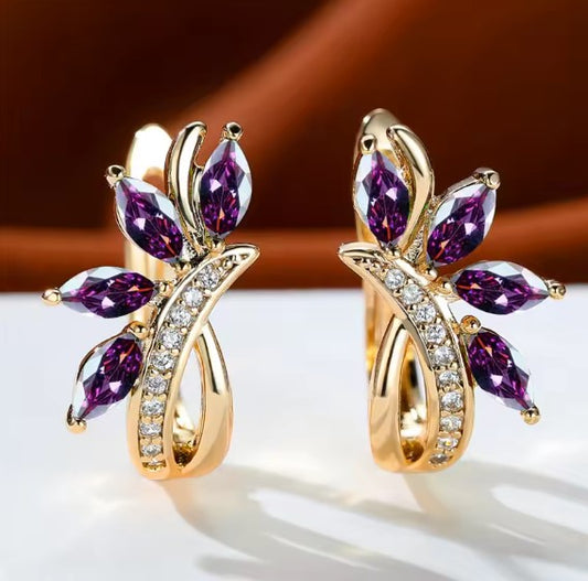 Luxury Purple Leaf Flower Clip Earrings
