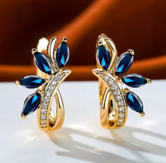 Luxury Blue Leaf Flower Clip Earrings