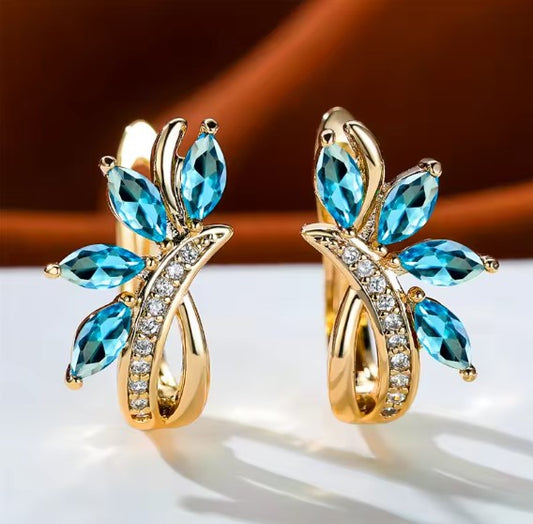 Vintage Aqua Blue Leaf Flower Clip Earrings