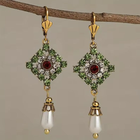 Dazzling Red Stone Pearl Dangle Earrings