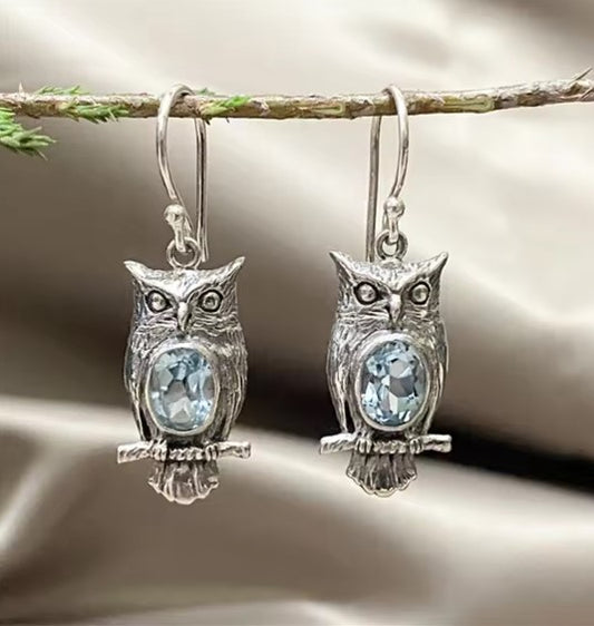 Vintage Carving Owl Silver Earrings