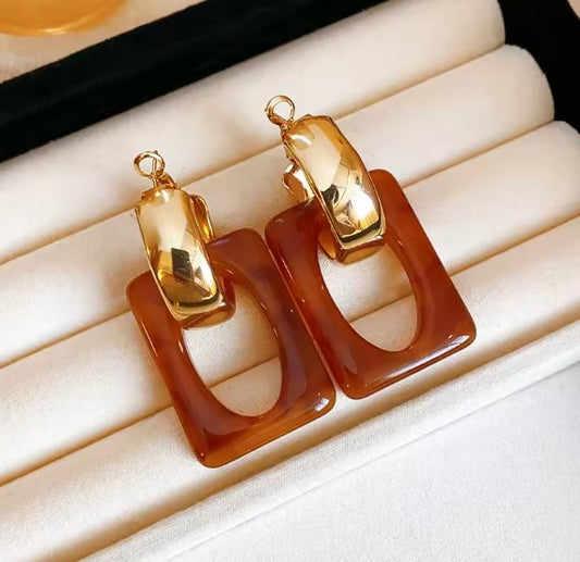 Classic Brown Rectangle Resin Elegant Earrings