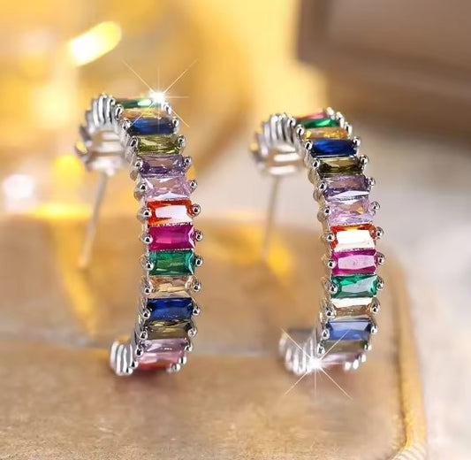 Bright Multi-colored Zirconia Loop Earrings