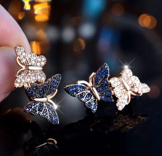 Butterfly Charm White Blue Crystal Zircon Hoop Earrings