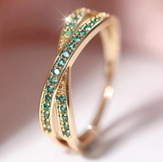 Minimalist Stacking Crossed Green Stone Ring