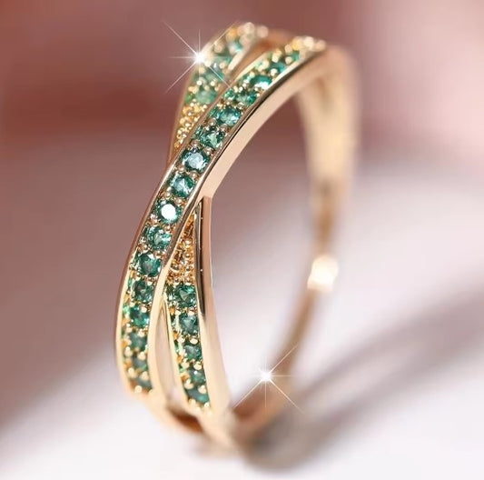 Minimalist Stacking Crossed Green Stone Ring