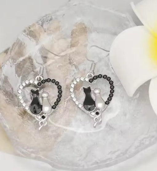 White and Black Couple Cats Love Earrings