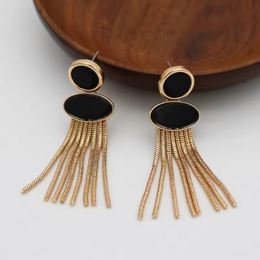 Vintage Black Beads Chain Tassel Earrings