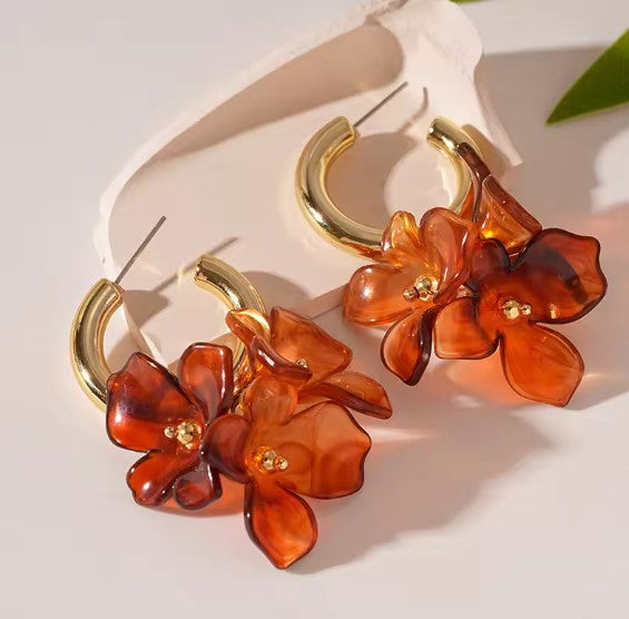 Vintage Acrylic Brown Flower Petal Gold Earrings