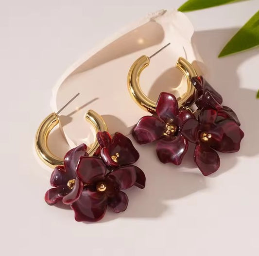 Vintage Red Flower Petal Gold Earrings