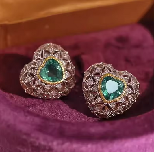Elegant Green Cubic Zirconia Heart Stud Earrings