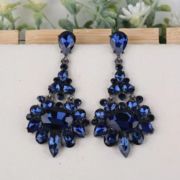 Crystal Dark Blue Champagne Rhinestone Drop Earrings