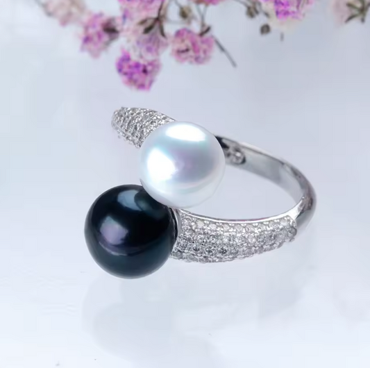 Double Natural Pearl Zircon Adjustable Silver Ring
