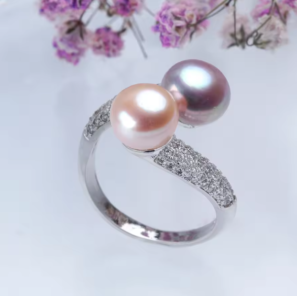 Vintage Natural Pink Pearl Zircon Adjustable Silver Ring