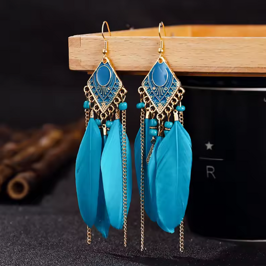 Bohemian Long Chain Blue Feather Tassel Earrings