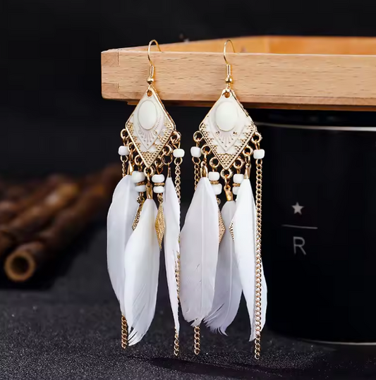 Bohemian Long Chain White Feather Tassel Earrings