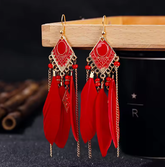 Bohemian Long Chain Red Feather Tassel Earrings