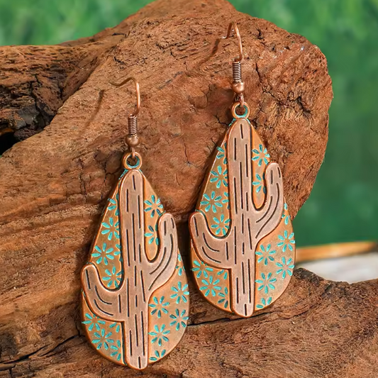 Vintage Boho Carved Cactus Dangle Earrings