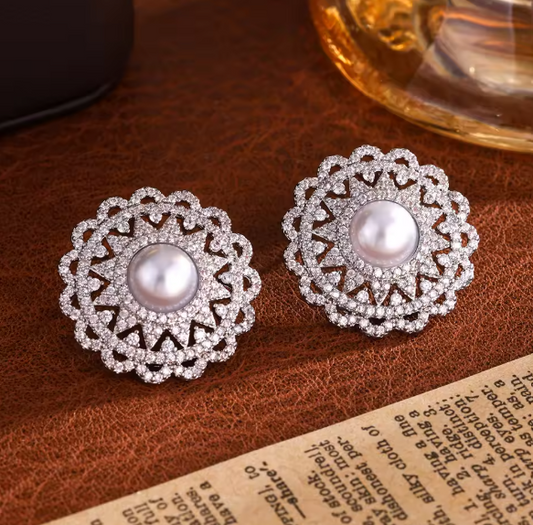 Classic Zircon Round Flower Pearl Stud Earrings