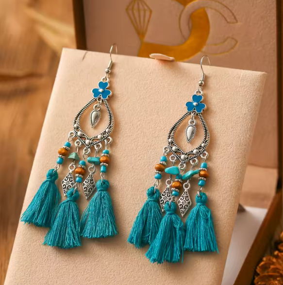 Boho Light Blue Flower Stone Beads Tassel Earrings