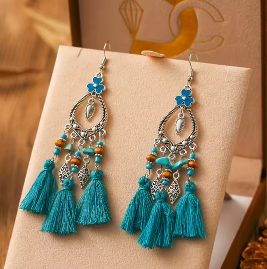 Boho Light Blue Flower Stone Beads Tassel Earrings