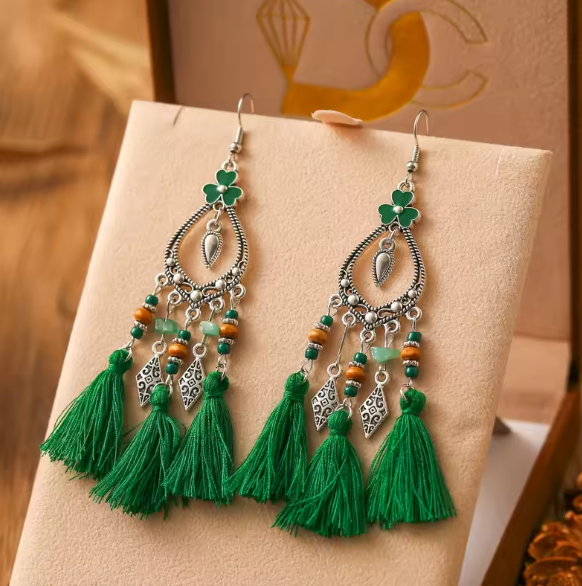 Bohemian Flower Stone Beads Green Tassel Earrings