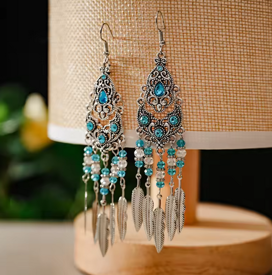 Crystal Rhinestone Handmade Leaf Tassel Earrings