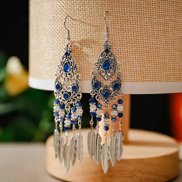 Crystal Blue Rhinestone Leaf Tassel Earrings