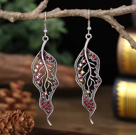 Crystal Red Rhinestone Leaf Dangle Earrings