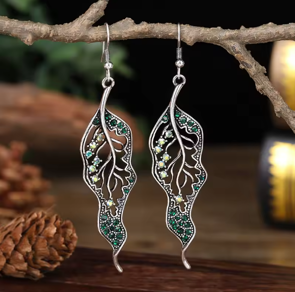 Green Rhinestone Crystal Leaf Dangle Earrings