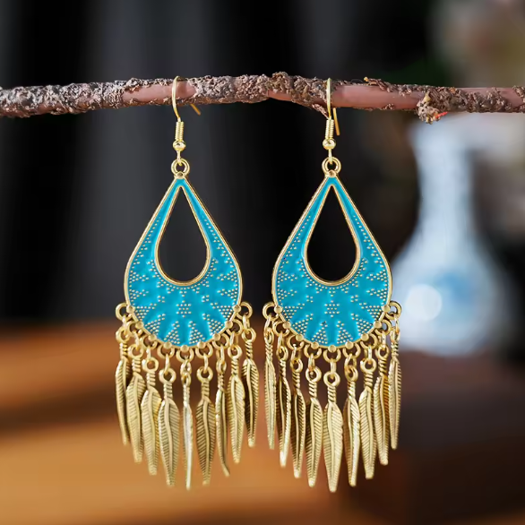 Bohemian Tribe Leaf Dangle Gold Earrings