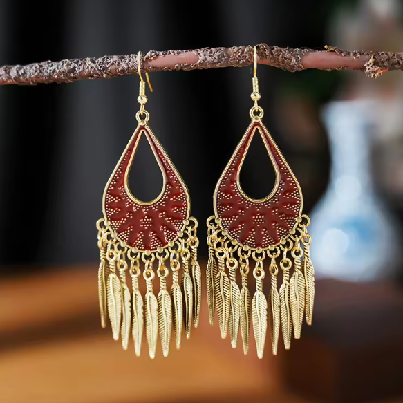 Bohemian Red Tribe Leaf Dangle Gold Earrings